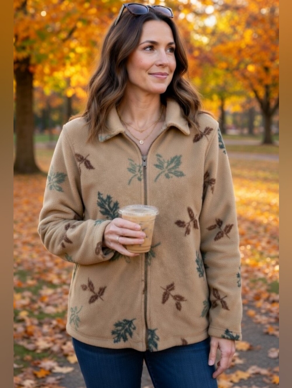 Vintage 90's Women's Tan Leaf-Print Zip-Up Fleece Sweater Cardigan Size S